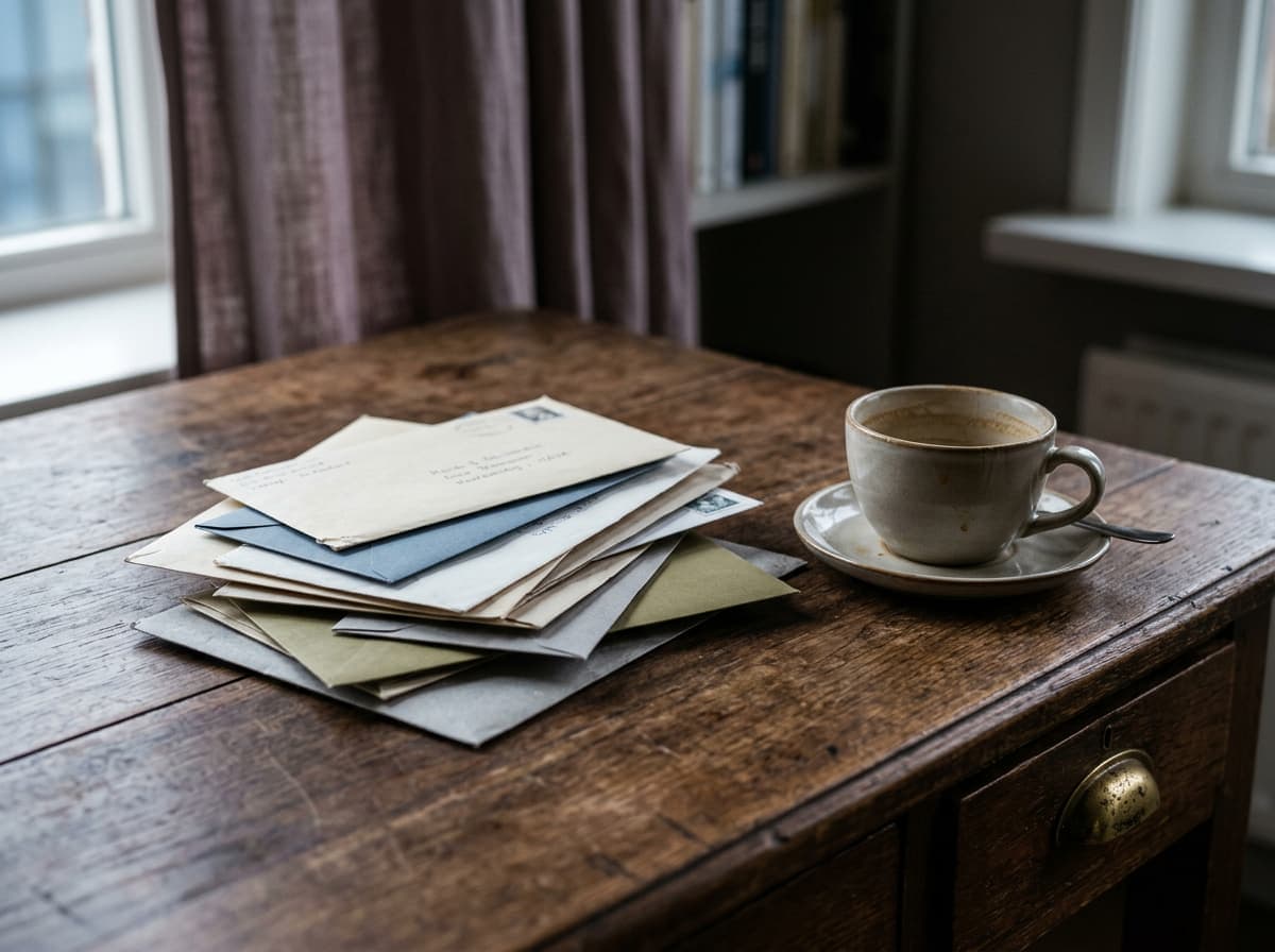 Een stapel ongeopende enveloppen op een tafel